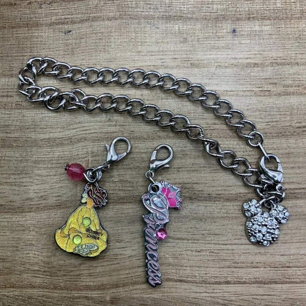 Disney Silver Tone Charm Belle Princess Rhinestone Chain Bracelet